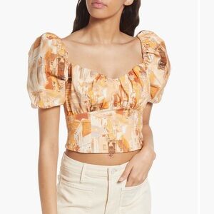 Peach Puff Sleeve Crop Top in Abstract City Print